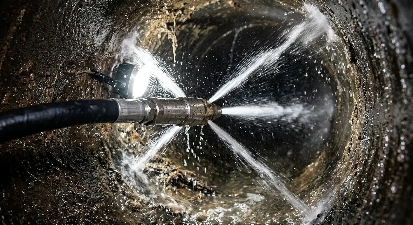 High-pressure hydro jetting nozzle cleaning sewer pipe for Emergency Drain Service in Meredith