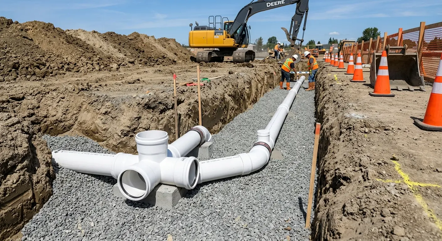 New PVC sewer pipe installation in open trench for Commercial Drain Cleaning in Meredith