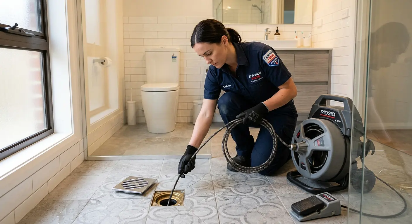Technician clearing a bathroom floor drain for Drain Cleaning in Meredith